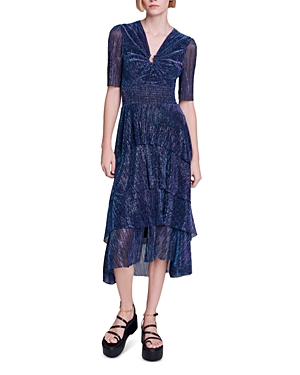 Shop Maje Ruffinae Tiered Metallic Dress In Blue Purple