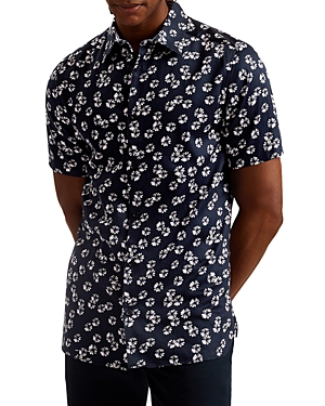 Shop Ted Baker Slim Fit Printed Short Sleeve Button Front Shirt In Navy