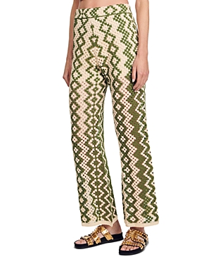 Shop Sandro Henrik Geometric Crochet Wide Leg Pants In Ecru / Oil