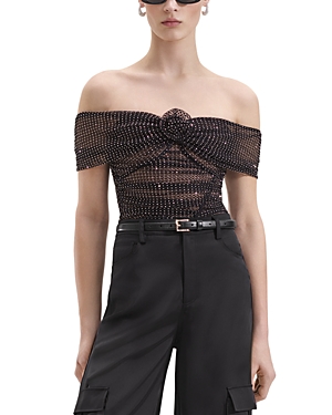 Shop Self-portrait Off-the-shoulder Embellished Fishnet Top In Black