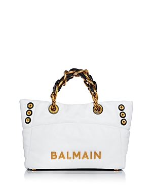 Balmain 1945 Cabas Tote Bag In Monogram Crinkled Leather In White/black/gold