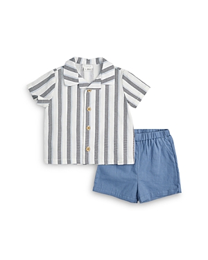 Firsts By Petit Lem Boys' Linen & Cotton Button Down Camp Shirt & Drawstring Shorts Set - Baby In Navy