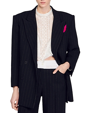 Shop Sandro Pinstripe Double Breasted Blazer In Black