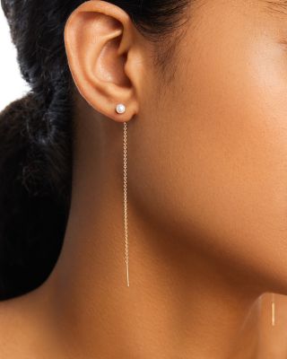 14K Yellow Gold Cultured Freshwater Pearl Long Chain Threader Earrings