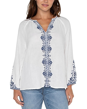 Shop Liverpool Los Angeles Embroidered Split Neck Top In Off White Black