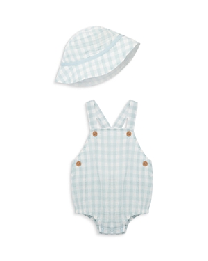 Shop Little Me Boys' Cotton Checked Sunsuit With Hat - Baby In Blue