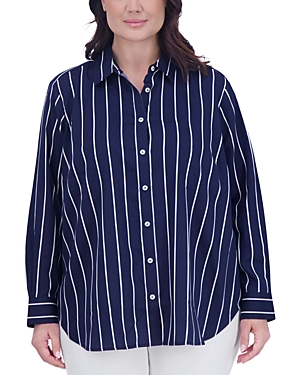 Foxcroft Plus Cotton Striped Boyfriend Shirt In Navy