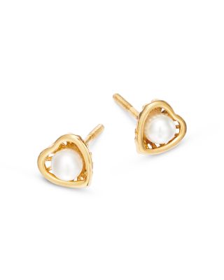 Children's Freshwater Pearl Heart Screw Back Stud Earrings in 14K Yellow Gold
