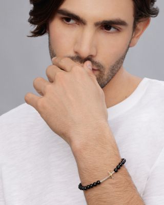 Men's 18K Yellow Gold & Sterling Silver Anthem Onyx Bead Cross Stretch Bracelet - Exclusive