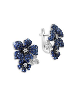 Blue Sapphire & Diamond Triple Flower Statement Earrings in 14K White Gold