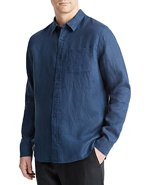 Shop Vince Solid Linen Button Down Shirt In Deep Indigo