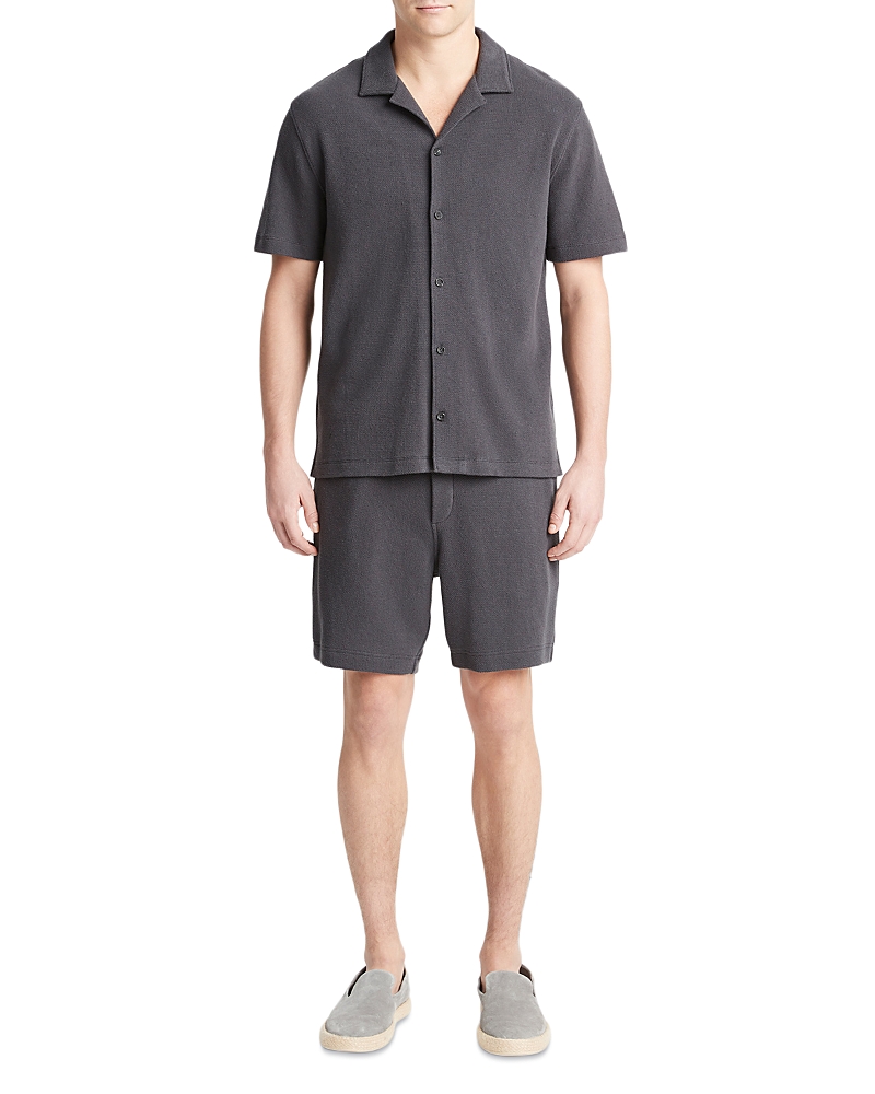 Vince Cotton Blend Boucle Regular Fit Button Down Camp Shirt In Soft Black