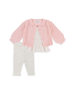 Miniclasix Girls' Pointelle Cardigan, Smocked Peplum Top & Ribbed Leggings Set - Baby In Pink