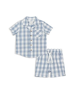 Shop Miles The Label Boys' Cotton Poplin Plaid Shirt & Shorts Set - Baby In Royal Blue