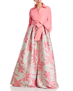 Teri Jon By Rickie Freeman Taffeta Shirt Floral Gown In Salmon Multi