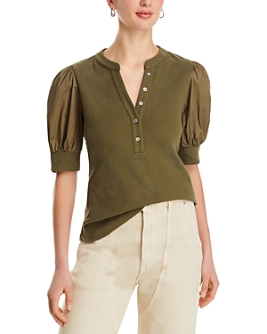 Single Thread Puff Sleeve Henley Top In New Olive