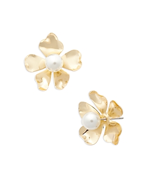 Aqua Imitation Pearl Flower Earrings In 16k Gold Plated - 100% Exclusive In Gold/white