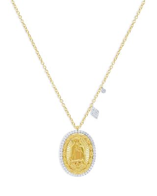 Meira T - 14K Yellow & White Gold Diamond Saint Guadalupe Pendant Necklace, 18"