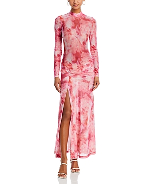 Bardot Lea Tie Dye Ruched Long Sleeve Mesh Maxi Dress In Pink Tie Dye