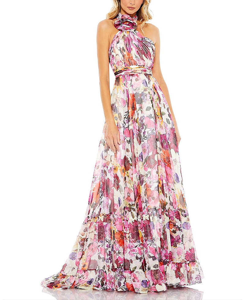 Mac Duggal Asymmetrical Ruffled Halter Floral Gown In White Multi