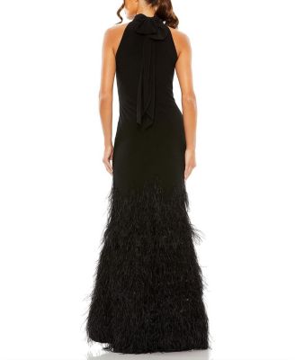Feather Tiered Detail Jersey Halter Gown
