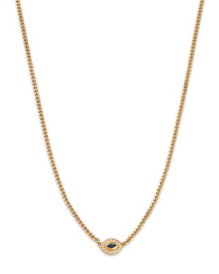 Zoë Chicco - 14K Yellow Gold Curb Chain Marquise Blue Sapphire Halo Necklace, 16"