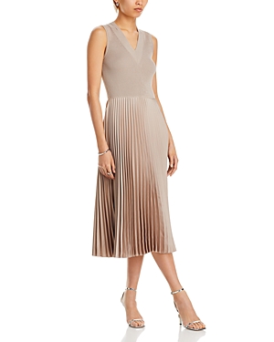 Shop Hugo Boss Mixed Material Dress With Plisse Skirt In Goat
