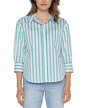 Shop Liverpool Los Angeles Cropped Button Up Shirt In Teal White Green