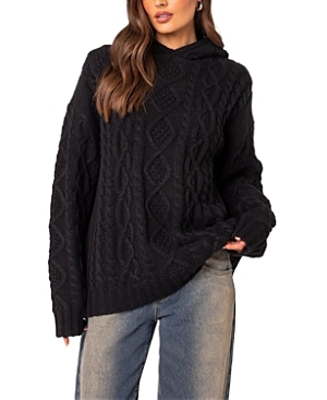 Shop Edikted Oversized Cable Knit Hoodie In Black