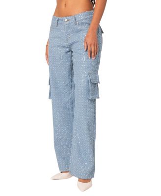 Icing Sequin Low Rise Cargo Jeans in Light Blue