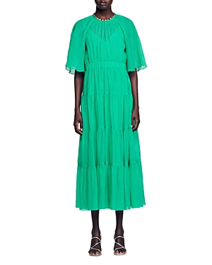 Shop Sandro Rany Pleated Midi Dress In Green