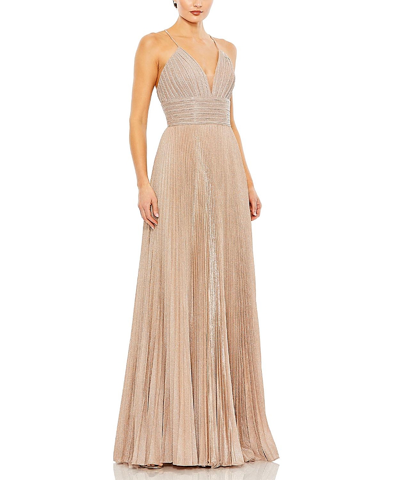 Mac Duggal Shimmer Pleated V neck Gown