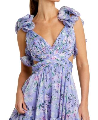 Mac Duggal Ruffle Tiered Cut-Out Floral Chiffon Dress