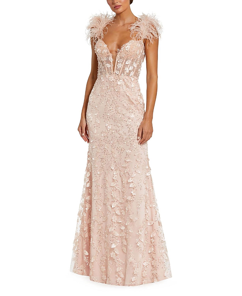 Mac Duggal Feather Straps Sheer Applique Bustier Gown