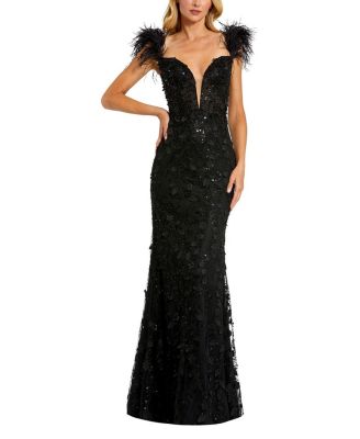 Mac Duggal Feather Straps Sheer Applique Bustier Gown