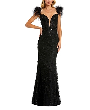 Feather Straps Sheer Applique Bustier Gown