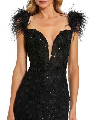 Feather Straps Sheer Applique Bustier Gown