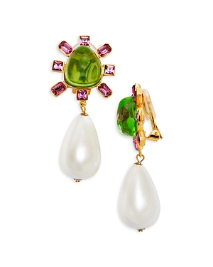 Mixed Stone Imitation Pearl Drop Clip On Earrings
