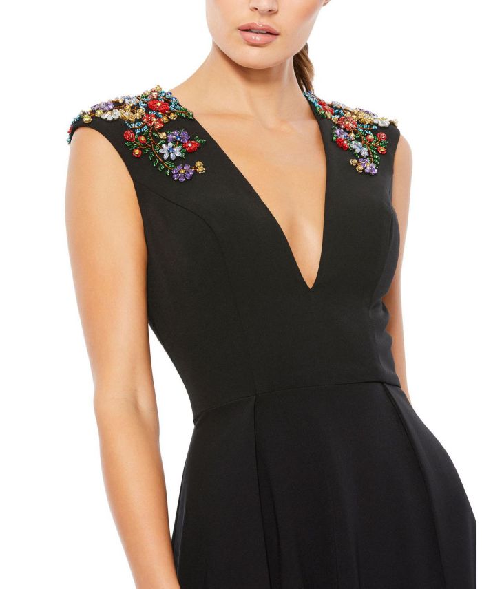 Women's Beaded Cap Sleeve V Neck A Line Gown