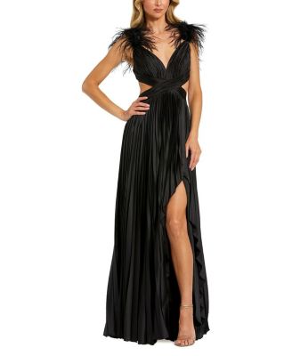 Mac Duggal - Pleated Feather Cap Sleeve Open Back Gown