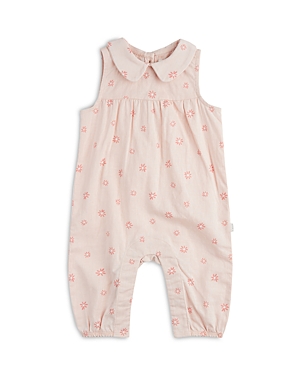 Shop Firsts By Petit Lem Girls' Linen & Cotton Crosshatch Flower Print Romper - Baby In Coral
