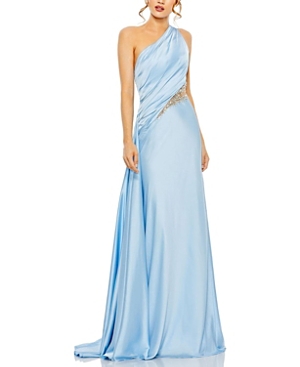 Shop Mac Duggal One Shoulder Embellished Satin Gown In Powder Blue