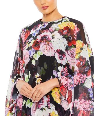 Floral Print High Neck Ruffle Hem Cape Mini Dress