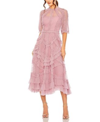 High Neck Puff Sleeve Ruffle Tiered Dress