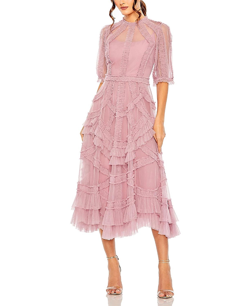 Mac Duggal High Neck Puff Sleeve Ruffle Tiered Dress