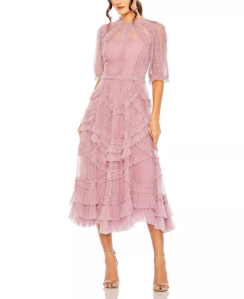 Mac Duggal High Neck Puff Sleeve Ruffle Tiered Dress