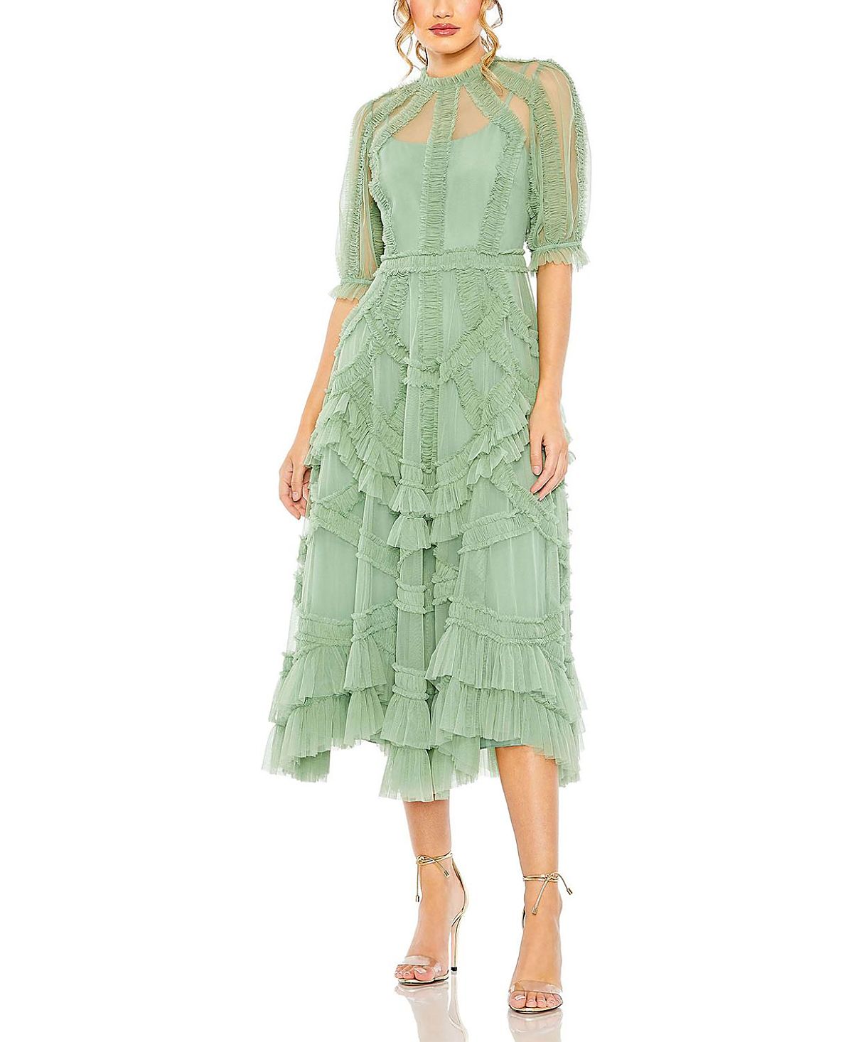 Mac Duggal High Neck Puff Sleeve Ruffle Tiered Dress