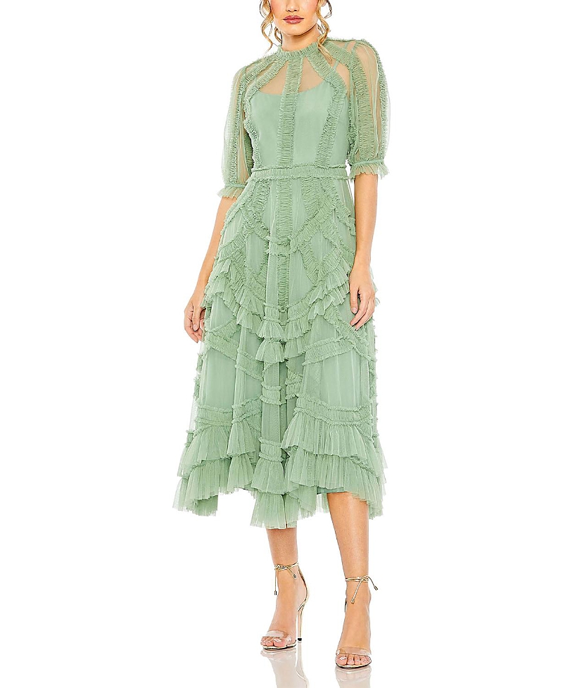 Mac Duggal High Neck Puff Sleeve Ruffle Tiered Dress