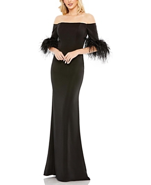 Mac Duggal Feather Trim Off The Shoulder Satin Trumpet Gown In Black