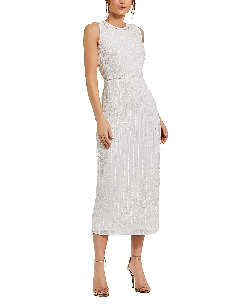 Mac Duggal Striped Floral Embellished Sleeveless Midi Dress · 0